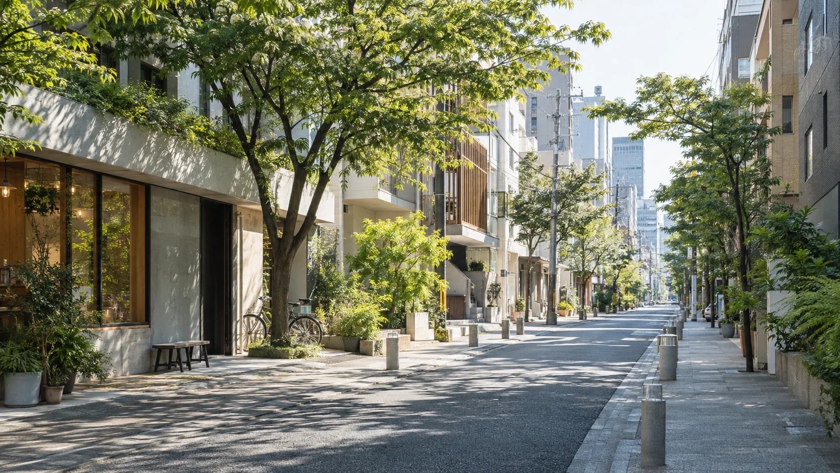 緑のある街並みと店舗のイメージ