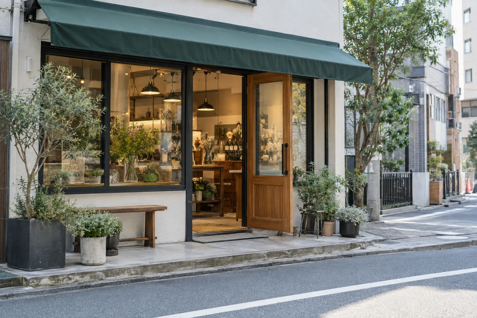 緑のひさしがある店舗のイメージ